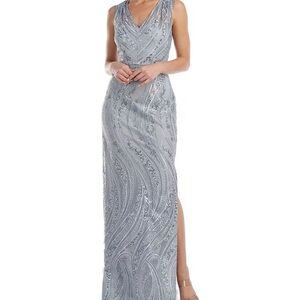JS Collections Embroidered V-Neck Sleeveless Side Slit Sheath Gown